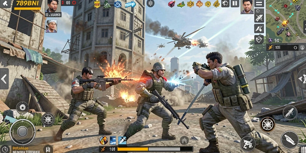 Tampilan gameplay 789BNI dengan menara menakjubkan melawan gelombang musuh.