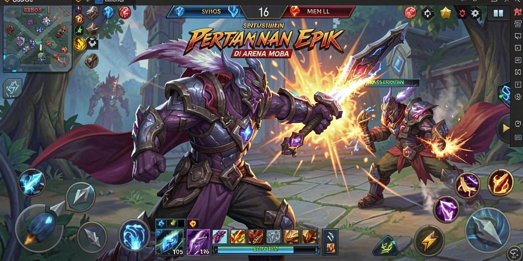 Screenshot yang menunjukkan aksi pertempuran seru di dalam game MOBA.