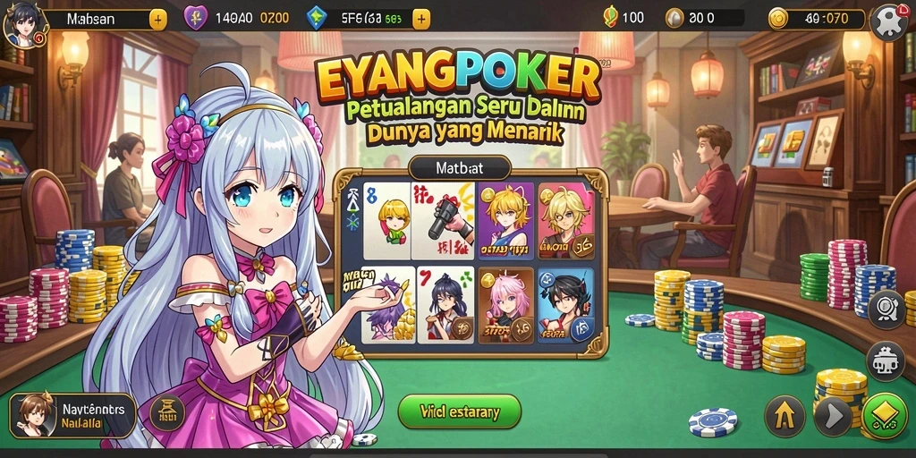 Tangkapan layar utama EYANGPOKER menampilkan aksi seru dengan karakter anime.