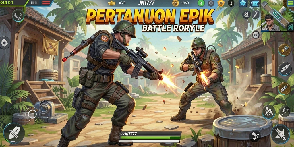 Screenshot JNT777 menampilkan aksi mendebarkan dalam pertarungan Battle Royale.