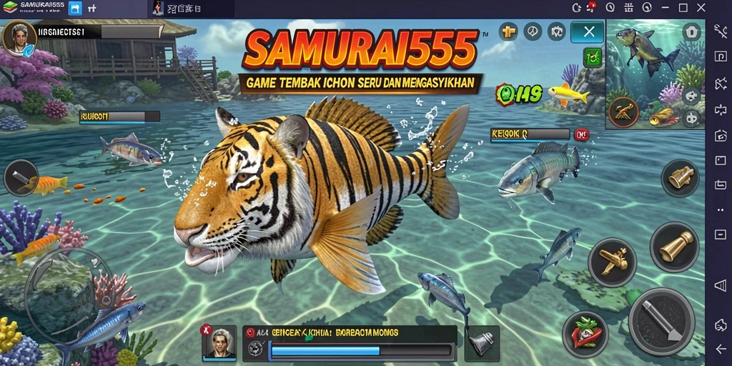 Screenshot gameplay SAMURAI555 yang menunjukkan aksi menembak ikan.