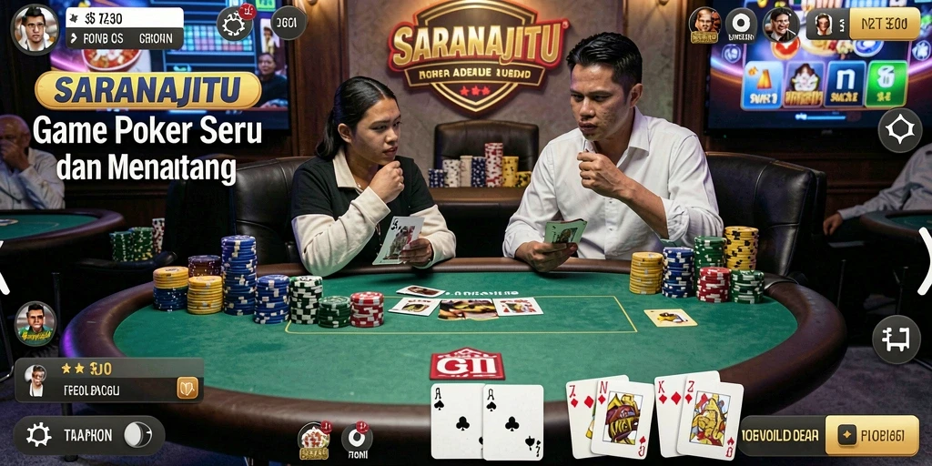 Menampilkan gameplay seru SARANAJITU di meja poker.