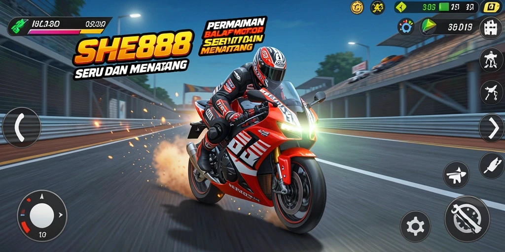 Screenshot utama SHE888 menampilkan aksi balap motor yang mendebarkan.